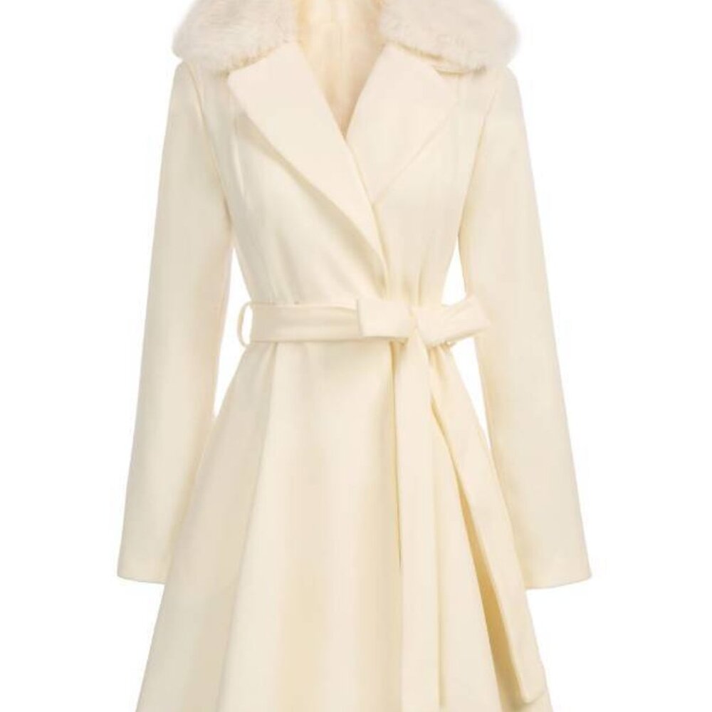 Retro Belted Trench Pea Coat Faux Fur Collar Fully Lined Plus Size